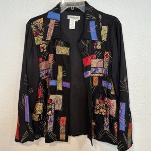 Coldwater Creek Open Front Black Blazer Jacket Tapestry Metallic Embroidered MED